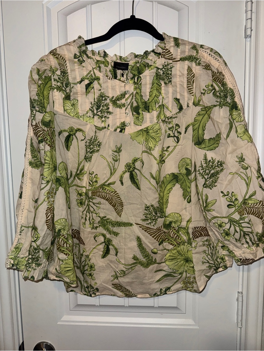 Talbots Cream Botanical Print Peasant Blouse with Green Foliage